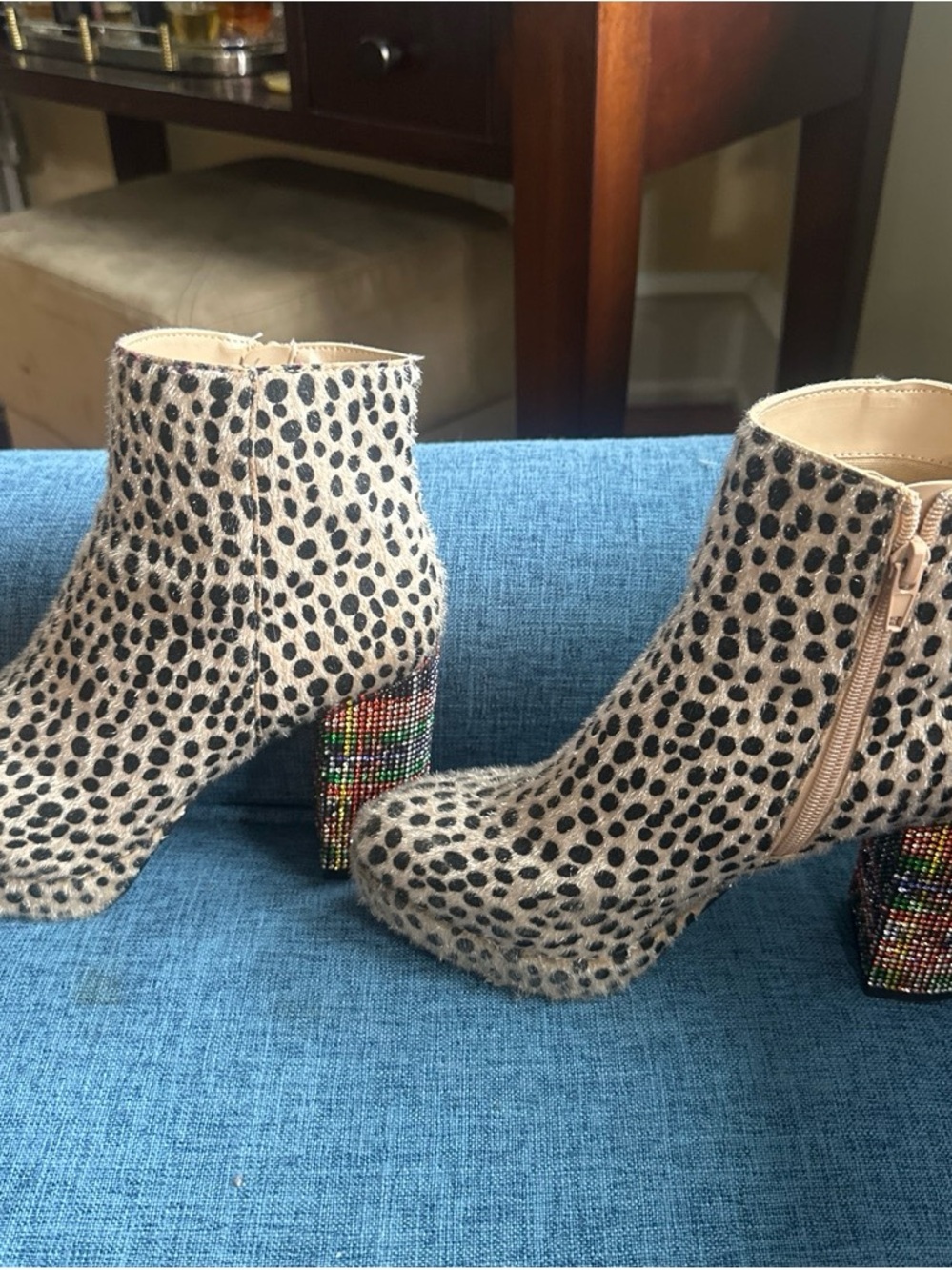 Leopard Print Ankle Boots with Crystal Block Heel - Beige/Black